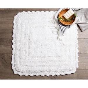 Tapis de bain rectangulaire en coton blanc, antidérapant avec dos en caoutchouc, fait main, style scandinave, bord festonné, lavable en machine - Product Image 4