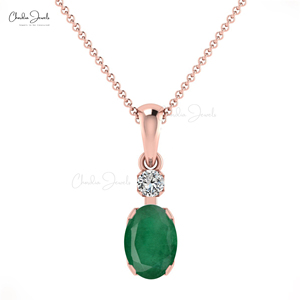 Wholesale Seller Genuine 7x5mm Oval Cut Emerald & Diamond Accent <b>Pendant</b> 14k <b>Solid</b> <b>Gold</b> Birthstone <b>Pendant</b> For Wedding Gift - Product Image 2