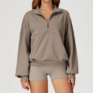 Sweat à capuche sport pour femme à manches longues et col demi-zippé, coupe ample, vêtement de sport respirant et confortable pour le yoga et la course à pied - Product Image 3