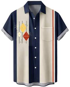 Camisa de Manga Corta con Botones y Estampado Geométrico Retro Azul Marino y Beige, Informal, de Verano, para Hombre, Fabricante OEM, Suministro al por Mayor - Product Image 1