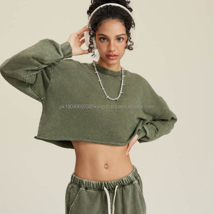 Sudaderas con capucha recortadas personalizadas dobladillo crudo mujer algodón en blanco francés Terry pulóver de gran tamaño lavado ácido mujeres Puff estampado Crop Top sudaderas con capucha - Product Image 6