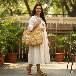 Sac fourre-tout matelassé en coton écologique de haute qualité pour femme, couleur unie moutarde doré, profond et réutilisable, pour le shopping et les voyages - Product Image 2