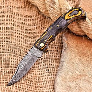 มีดพับเหล็กดามัสกัสเกรดอุตสาหกรรม Nordic Forge ด้ามไม้ Pakka พร้อมปลอกหนัง พกพาสะดวก ใช้สำหรับล่าสัตว์ ตั้งแคมป์ และกิจกรรมกลางแจ้งอื่นๆ - Product Image 1