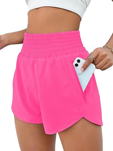 Shorts Deportivos de Cintura Alta para Mujer, Color Rosa Sólido, con Bolsillos Laterales, Secado Rápido, Ajuste Deportivo, Talla Regular, Tejido de Spandex y Poliéster - Product Image 1