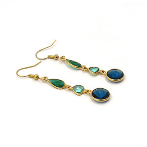Multi Gemstone Flower Bohemian Dangle <b>Hook</b> <b>Earrings</b> | Emerald Quartz Apatite London Blue Topaz Checker Cut 18K Gold Plated - Product Image 4