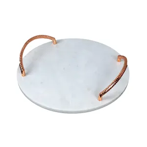 Luxury Round White Marble Serving <b>Tray</b> <b>with</b> Rose Gold <b>Handles</b> Portable Multifunction Kitchen & Living Room Tableware Organizer - Product Image 1