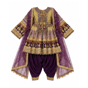 Vestido tradicional indio, pakistaní y afgano Kuchi de seda morada con bordado dorado, vestido Kuchi afgano holgado hasta el suelo para mujer - Product Image 5