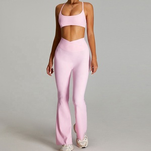 Custom Pink 2 Piece Yoga Set Seamless <b>Crop</b> <b>Top</b> High Waist Full Length Pants Spaghetti Strap Solid Color Sportwear - Product Image 1