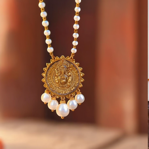Fashion Dangle Earrings Temple Lakshmi Coin Style Ear Chain with White Pearls - Product Image 3