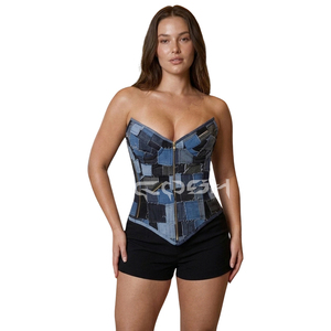 Corsé de mezclilla con patchwork personalizado para mujer, top bustier overbust, corsé moldeador de cintura de mezclilla multicolor azul, corsé moldeador de cuerpo - Product Image 1