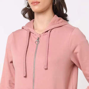 Sweat-shirt rose à capuche zippé pour femme, manches longues, couleur unie, tricoté, respirant, pour l'automne, avec poches - Product Image 6
