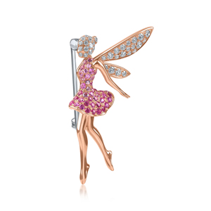 Broche féerique en or rose avec pierre précieuse rose et ailes de diamant, cadeau de bijoux fins pour femmes - Product Image 2