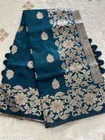 Sari en soie Banarasi pure bleu sarcelle avec broderie florale Zari pour les occasions de mariage, sari traditionnel pour femmes, Inde, Pakistan
