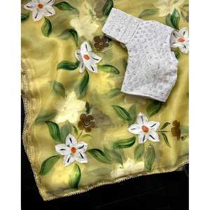 NOUVEL ARRIVAGE ORGANZA IMPRIMÉ FEUILLE DE TRAVAIL SAREE AVEC CHEMISIER COUDU CITRON - Product Image 1