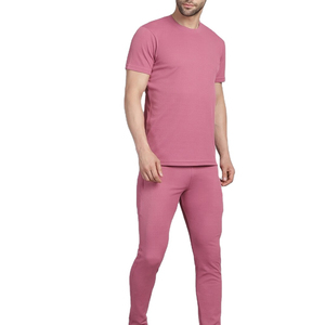 Men Pink Short Sleeve Crew Neck T-Shirt Full Length Pants Solid Color Casual Regular Fit Breathable Summer Wear - Product Image 2
