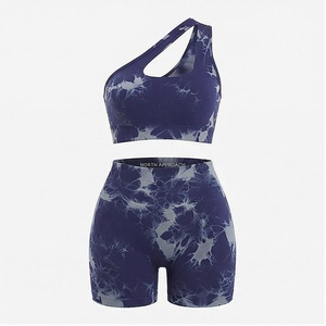 North Approach 2 Piece Yoga Set <b>One</b>-Shoulder Tie Dye High Waist Shorts Sweat Wicking Breathable Spandex Polyester - Product Image 1