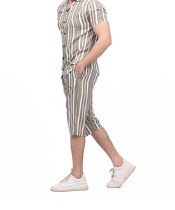 Striped Cotton Bamboo Fiber Short Sleeve Shirt <b>Pants</b> Set Turn-<b>Down</b> Collar Regular Fit Breathable Casual Spring Summer Unisex - Product Image 4