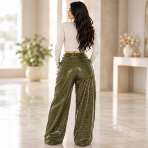 Pantalon en cuir gaufré effet crocodile pour femme, pantalon droit imprimé croco crème, pantalon gaufré taille haute à cinq poches - Product Image 4