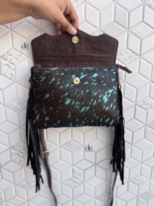 Women's Hand <b>Tooled</b> <b>Leather</b> Cross Body Bag With Tassel Fringe Bohemian Flap Closure Metallic Design Stylish Daily Use Handbag - Product Image 3