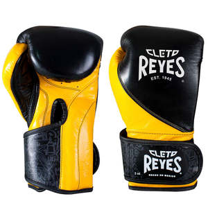 Gants de boxe professionnels RTS Cleto Reyes jaune/noir en cuir véritable, fermeture auto-agrippante - Product Image 1