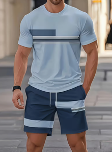 Men Summer <b>T</b> <b>Shirt</b> and Shorts Set Light Blue Striped Crew Neck Knitted Casual Breathable Two Piece Outfit - Product Image 6