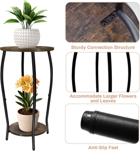 Soporte de Madera de 2 Niveles para Plantas con Estructura Metálica Negra de 4 Patas, Estante Resistente para Plantas de Piso, Soporte Redondo Marrón para Macetas - Product Image 1