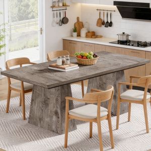 Tavolo da Pranzo in Legno Massello Rettangolare con Piano in Pietra Sinterizzata Effetto Marmo, Arredamento per Sala da Pranzo, Assemblato - Product Image 1