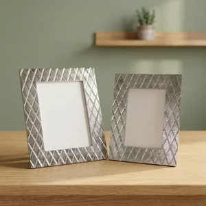 Rectangular Aluminum Photo <b>Frame</b> with Embossed Diamond Pattern Durable Tabletop Display for Home Office Decor - Product Image 2
