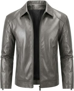 Chaqueta de Motociclista de Cuero para Hombre, Cuello Camisero, Cierre de Cremallera, Corte Ajustado, Manga Regular, Estilo Invernal, Bolsillo Frontal - Product Image 3