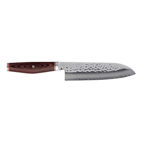 Couteaux de cuisine en bois grainé brun avec accents de manche noir, lames martelées argentées et broches décoratives pour trancher et hacher - Product Image 6