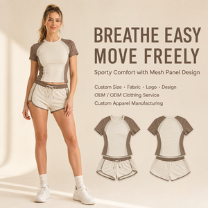 Ensemble de sport 2 pièces pour femme, beige et marron, avec empiècements en maille, manches courtes, col rond, tenue de sport printemps-été - Product Image 1