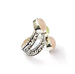 Handmade Boho 925 Sterling <b>Silver</b> <b>Ring</b> Natural Rose Quartz & Prehnite Artisan Multi-Stone <b>Statement</b> Jewelry - Product Image 3
