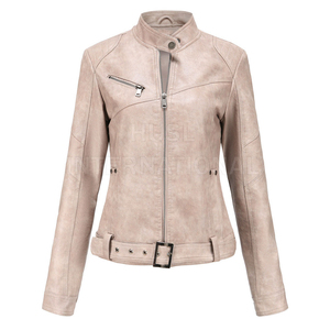 Women's Beige PU Leather Moto <b>Jacket</b> Full Sleeve Stand Collar Zipper Closure Belted Design Autumn Style - Product Image 1