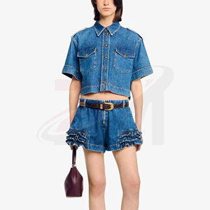 Vêtements en denim tendance streetwear, hauts et shorts vintage délavés pour femmes, taille haute, mode pour usage quotidien - Product Image 3