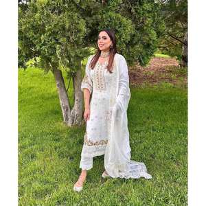 Magnifique ensemble élégant de vêtements de fête blancs avec haut et bas et dupatta, taille XL, par Bhanderi -BE - Product Image 4