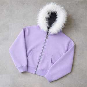 Sweat à capuche zippé pour homme, coupe ample, en molleton 100% coton, délavé à l'acide, avec fausse fourrure, haute qualité, écologique, style urbain, hiver - Product Image 6