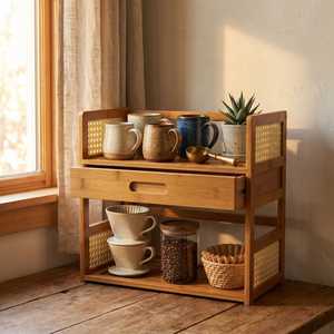 Bamboo Double Tier <b>Storage</b> <b>Rack</b> Drawer Rattan Panels <b>Kitchen</b> Countertop Organization Modern Style Durable Multifunction SALEEM - Product Image 1