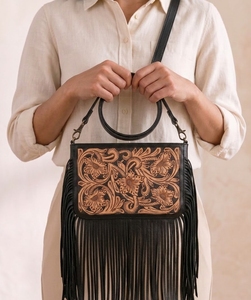 Women's Genuine Leather Fringe Crossbody Sling <b>Bag</b> with Zipper Closure Floral Western Style Single <b>Strap</b> Travel <b>Shoulder</b> Purse - Product Image 3