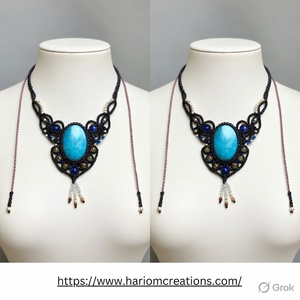 Collar de Macramé Negro Hecho a Mano con Colgante de Piedra Turquesa Azul Natural, Estilo Boho Tribal, Cordón Ajustable, Joyería para Mujer - Product Image 3