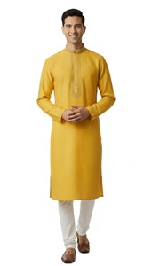 Kurta Amarilla de Algodón para Hombre, Manga Larga, Color Sólido, Cuello Alto, Largo hasta el Tobillo, Atuendo Elegante para Boda, Estilo India Pakistán - Product Image 4
