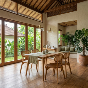 Ensemble de salle à manger Aura en teck massif, style Mid-Century Modern, prêt pour la restauration, avec chaises à dossier à lattes et coussins en rotin, non pliables - Product Image 2