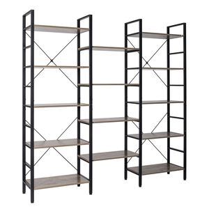 "French Vintage Industrial 5 Shelf <b>Wood</b> Metal <b>Bookcase</b> Triple Wide Open Bookshelf Large Etagere Furniture" - Product Image 2