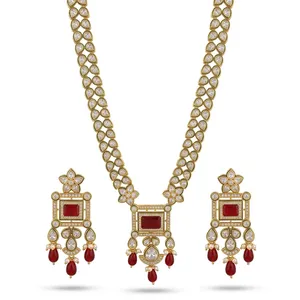 Conjunto de Collar y Pendientes Largos de Aleación de Cobre con Zirconia Polki y Perlas de Imitación, Chapado en Oro, para Mujer, Estilo Indio, para Boda, Novia, Pieza Destacada - Product Image 3