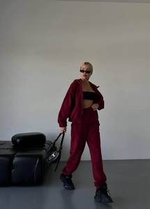 Custom Women's Burgundy Tracksuit Set Zip <b>Jacket</b> Jogger Pants Matching Two Piece Sportswear Casual Streetwear Wholesale Apparel - Product Image 6