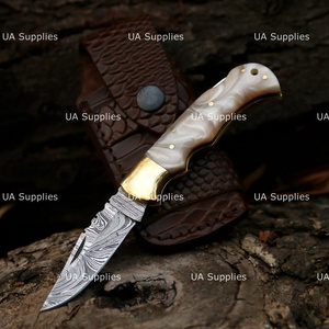 High Quality Damascus Steel Industrial Grade Straight Edge <b>Lock</b> Back Folding Knife Wood Handle Brass Accents Crocodile Pouch - Product Image 4