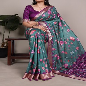 VASTRA COTTAGE Sari de Seda Tasar con Borde de Viscosa Estampado, Blusa sin Coser, Elegante Prenda Étnica Tradicional para Mujer - Product Image 6