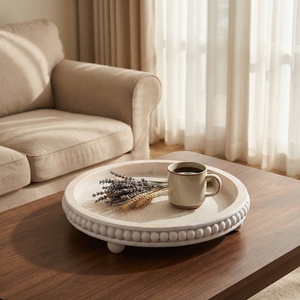 Luxury 12 inch round decorative <b>tray</b> white distressed farmhouse wood oem odm low moq factory price wholesale bulk supply - Product Image 3