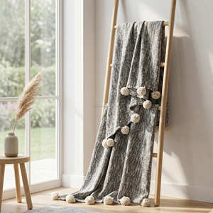 Plaid en coton slub terracotta 130x170 cm, style bohème, tissé uni, lourd, avec pompons et franges, toucher doux, pour la décoration - Product Image 5