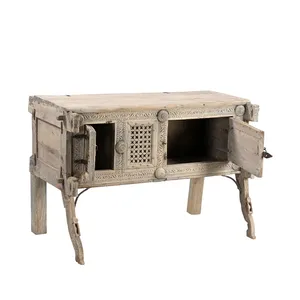 <b>Vintage</b> Hand Carved Wooden Damchiya Two Door Storage Cabinet Wedding Chest <b>Console</b> Side <b>Table</b> Traditional Indian Furniture - Product Image 2