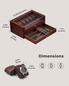 12-Slot Watch <b>Box</b> Watch Display Case with <b>Large</b> Glass Lid Removable Pillows Velvet Lining <b>Gift</b> Idea - Product Image 6
